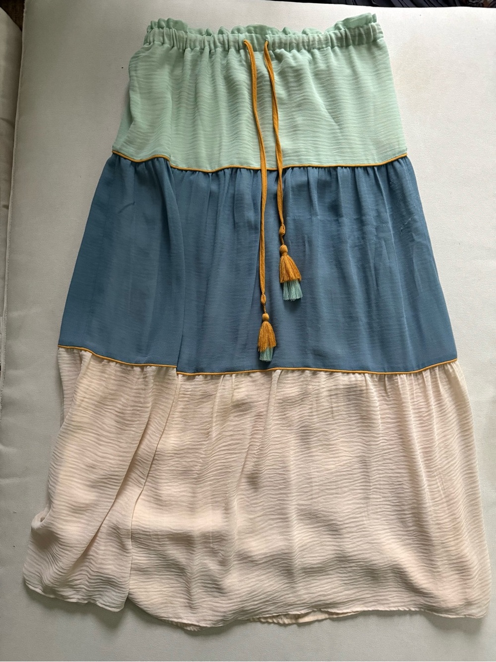 LOFT Tiered Colorblock Maxi Skirt in Mint, Blue & Cream with Tassel Tie